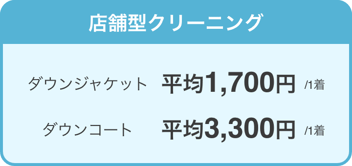 店舗型クリーニング ダウンジャケット平均1700円／1着、ダウンコート平均3300円／1着