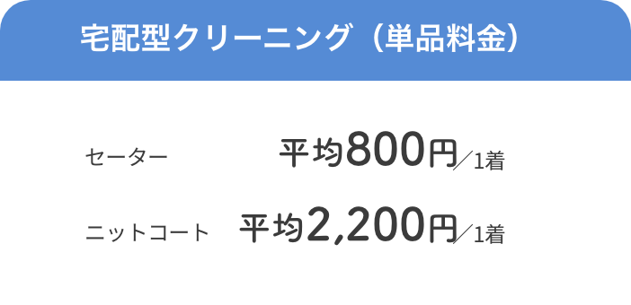 宅配型クリーニング セーター平均800円／1着、ニットコート平均2200円／1着